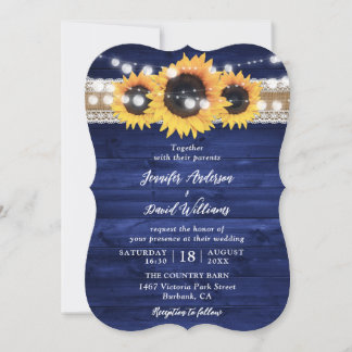 Navy Blue Sunflower String Lights Wood Wedding Invitation