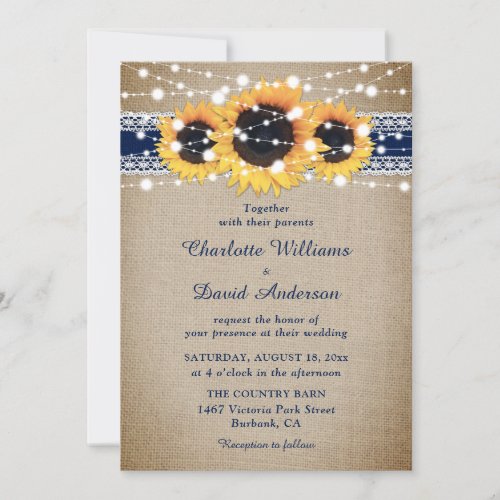 Navy Blue Sunflower Vintage Burlap Lace Wedding Invitation