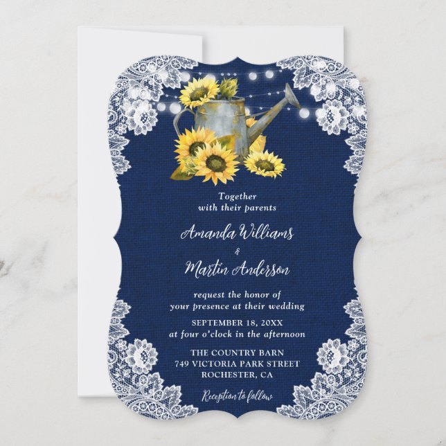 Navy Blue Sunflower Watering Can Burlap Wedding Invitation (Front)