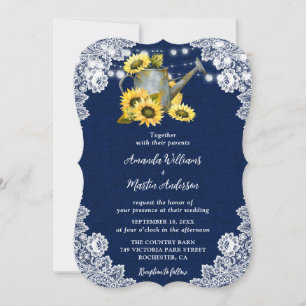 Navy Blue Sunflower Watering Can Burlap Wedding Invitation