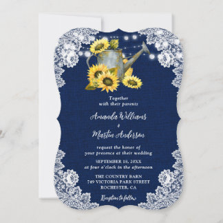 Navy Blue Sunflower Watering Can Burlap Wedding Invitation