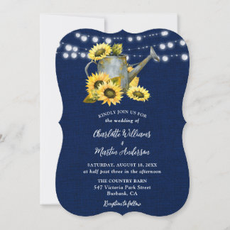 Navy Blue Sunflower Watering Can Burlap Wedding Invitation
