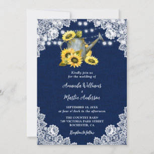 Navy Blue Sunflower Watering Can Lace Wedding Invitation