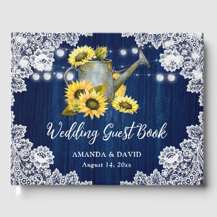Navy Blue Sunflower Watering Can Wood Lace Wedding Guest Book