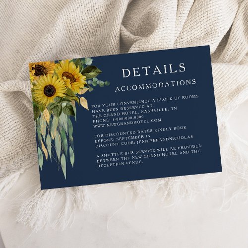 Navy Blue Sunflower Wedding Accommodations Details Enclosure Card