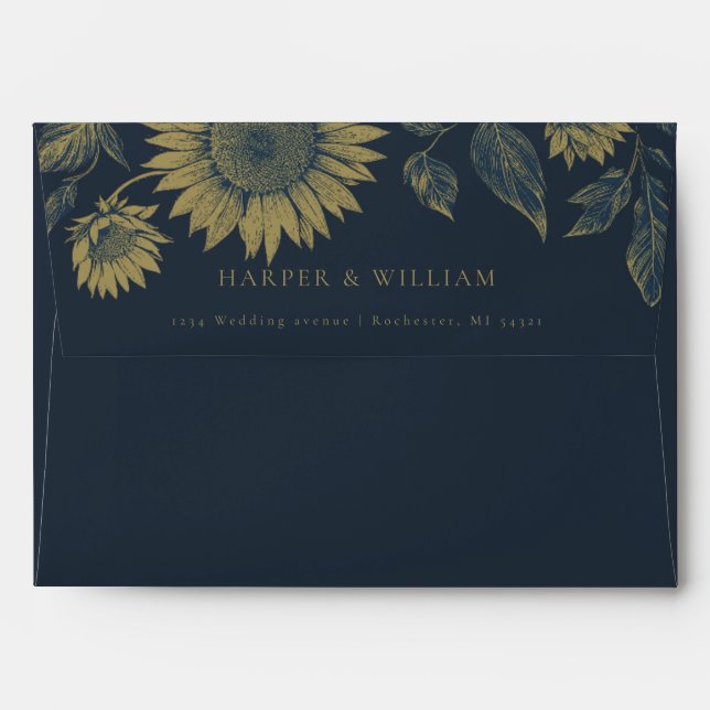 Navy blue sunflower wedding envelope (Back (Top Flap))