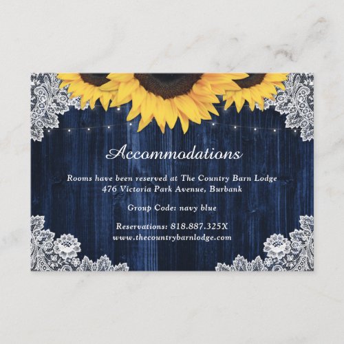 Navy Blue Sunflower Wedding Hotel Accommodation Enclosure Card