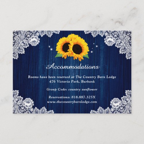 Navy Blue Sunflower Wedding Hotel Accommodation Enclosure Card