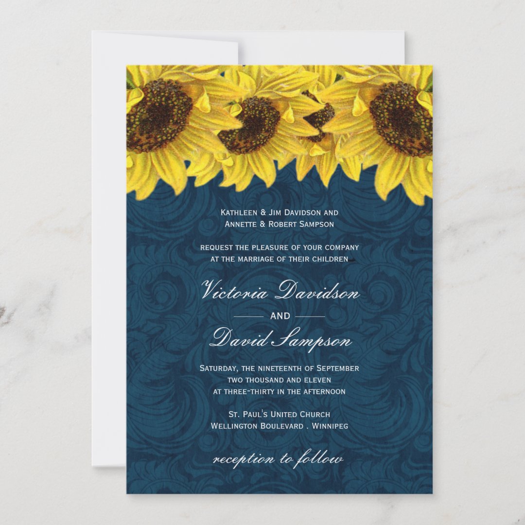 Navy Blue Sunflower Wedding Invitation | Zazzle