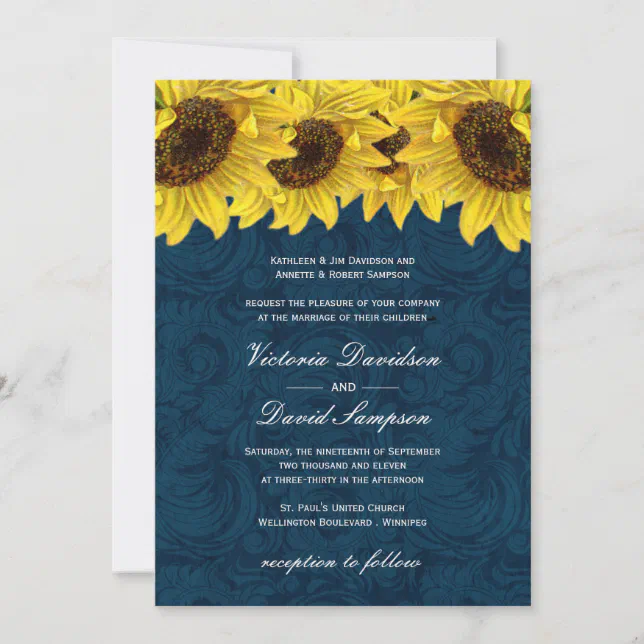 Navy Blue Sunflower Wedding Invitation Zazzle