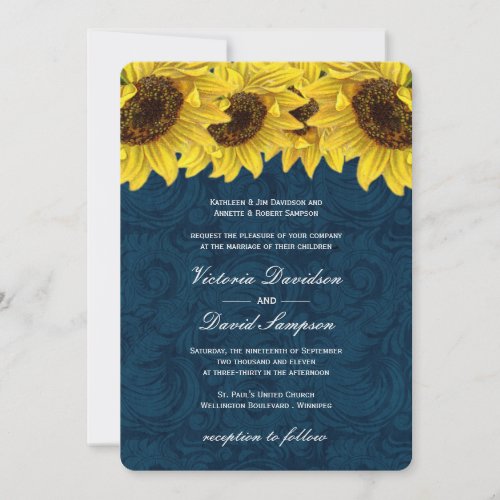 Navy Blue Sunflower Wedding Invitation