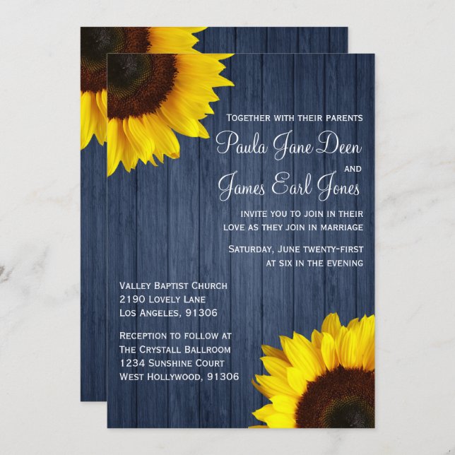 Navy Blue & Sunflower Wedding Invitation (Front/Back)