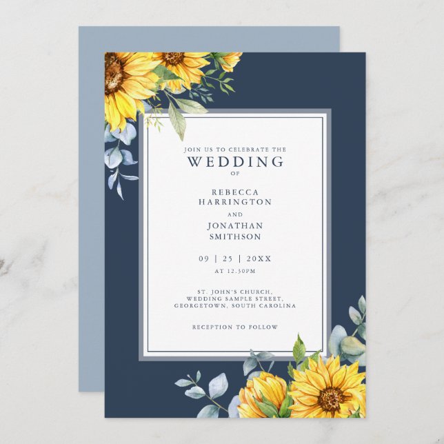 Navy Blue Sunflower Wedding Invitation (Front/Back)