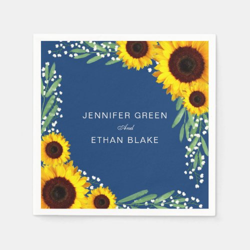 Navy Blue Sunflower Wedding Paper Napkin