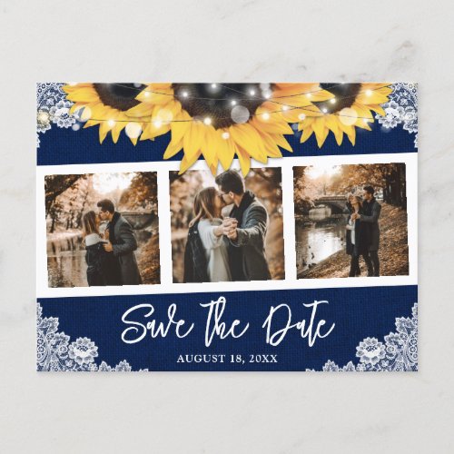 Navy Blue Sunflower Wedding Photo Save The Date Announcement Postcard