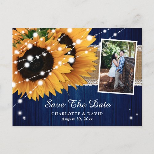 Navy Blue Sunflower Wedding Photo Save The Date Announcement Postcard