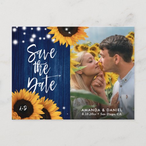 Navy Blue Sunflower Wedding Photo Save The Date Announcement Postcard