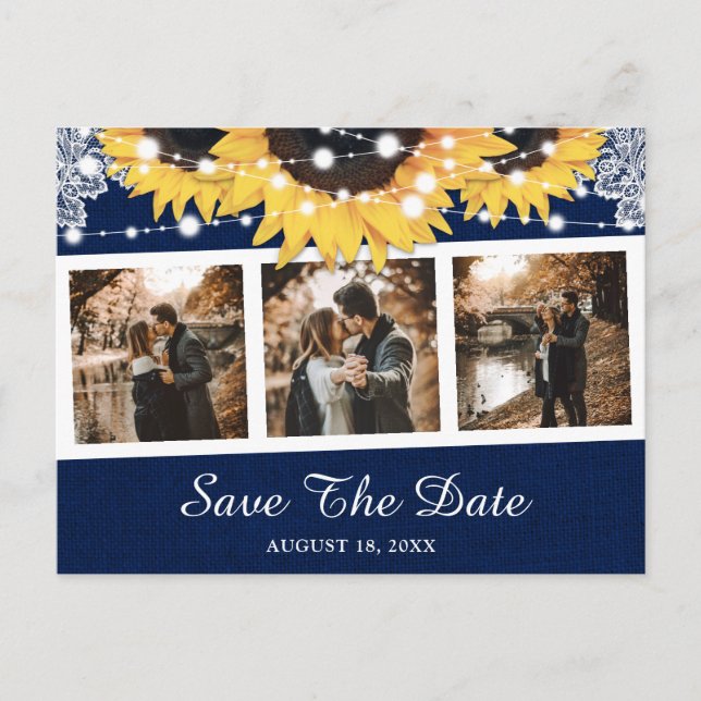Navy Blue Sunflower Wedding Photo Save The Date Announcement Postcard (Front)