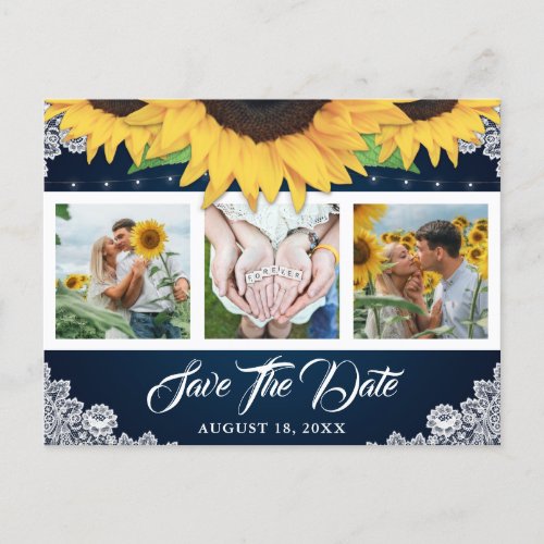Navy Blue Sunflower Wedding Photo Save The Date Announcement Postcard