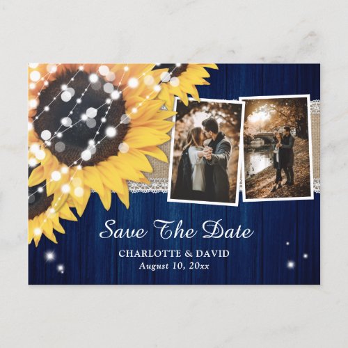 Navy Blue Sunflower Wedding Photo Save The Date Announcement Postcard