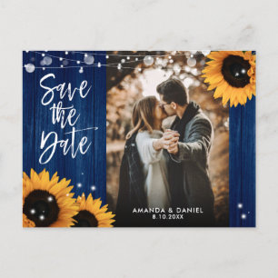 Navy Blue Sunflower Wedding Photo Save The Date Announcement Postcard