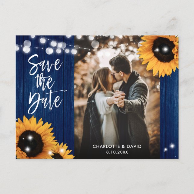 Navy Blue Sunflower Wedding Photo Save The Date Announcement Postcard (Front)
