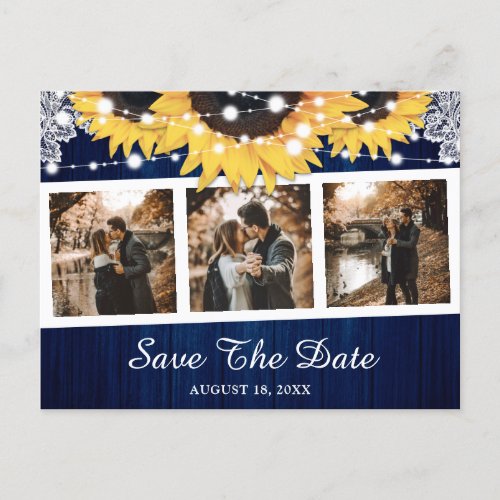 Navy Blue Sunflower Wedding Photo Save The Date Announcement Postcard