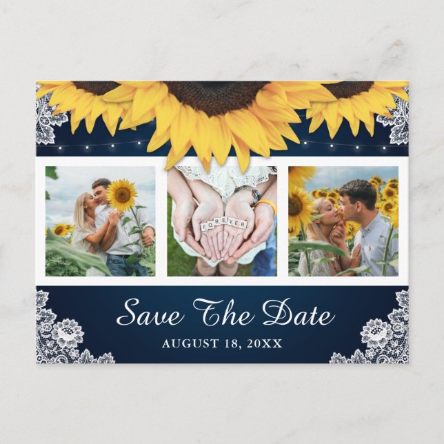 Navy Blue Sunflower Wedding Photo Save The Date Announcement Postcard (Front)