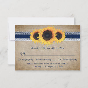 Navy Blue Sunflower Wedding RSVP Card Meal Choice