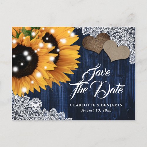 Navy Blue Sunflower Wedding Save The Date Postcard