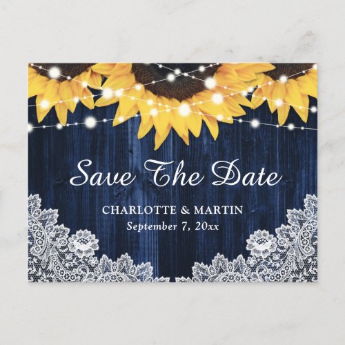 Navy Blue Sunflower Wedding Save The Date Postcard