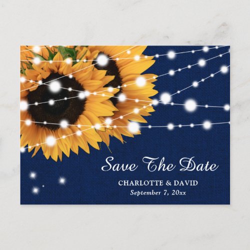 Navy Blue Sunflower Wedding Save The Date Postcard