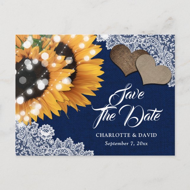 Navy Blue Sunflower Wedding Save The Date Postcard (Front)