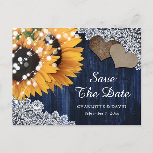 Navy Blue Sunflower Wedding Save The Date Postcard