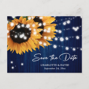 Navy Blue Sunflower Wedding Save The Date Postcard