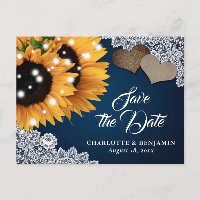 Navy Blue Sunflower Wedding Save The Date Postcard (Front)