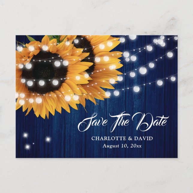 Navy Blue Sunflower Wedding Save The Date Postcard (Front)