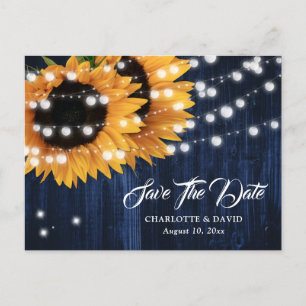 Navy Blue Sunflower Wedding Save The Date Postcard