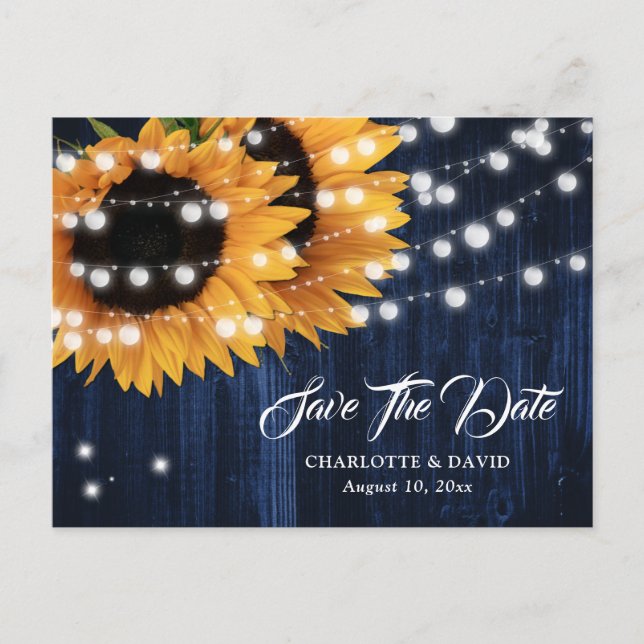 Navy Blue Sunflower Wedding Save The Date Postcard (Front)