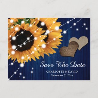 Navy Blue Sunflower Wedding Save The Date Postcard