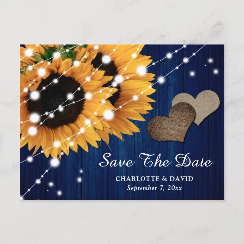 Navy Blue Sunflower Wedding Save The Date Postcard