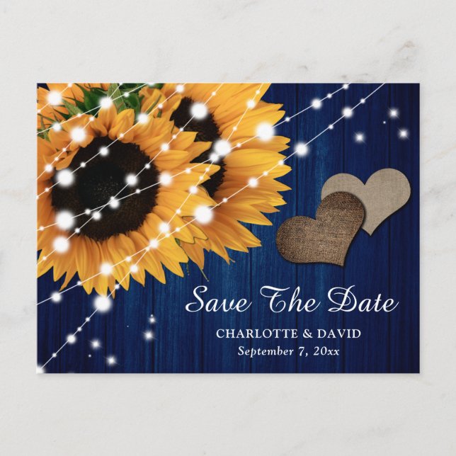 Navy Blue Sunflower Wedding Save The Date Postcard (Front)