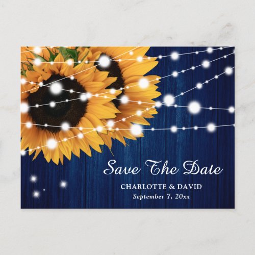 Navy Blue Sunflower Wedding Save The Date Postcard