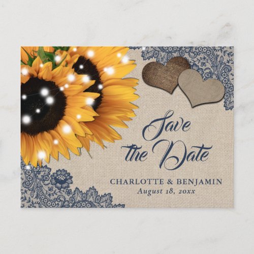 Navy Blue Sunflower Wedding Save The Date Postcard