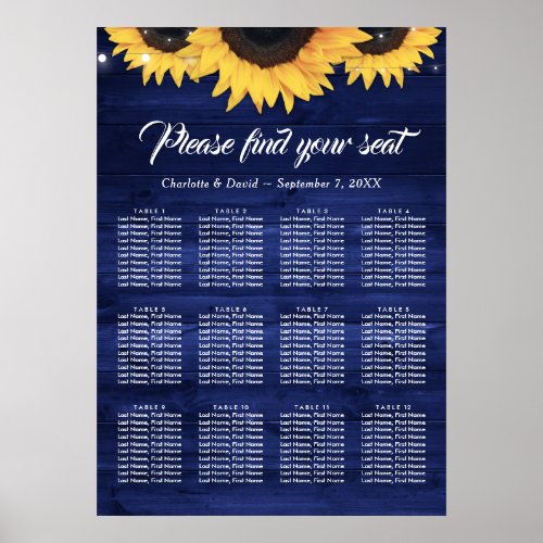 Navy Blue Sunflower Wedding Seating Chart 12