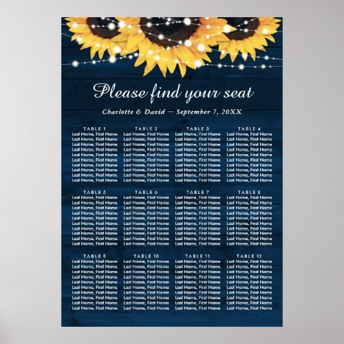 Navy Blue Sunflower Wedding Seating Chart 12