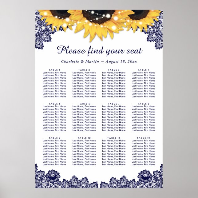Navy Blue Sunflower Wedding Seating Chart 12 (Front)