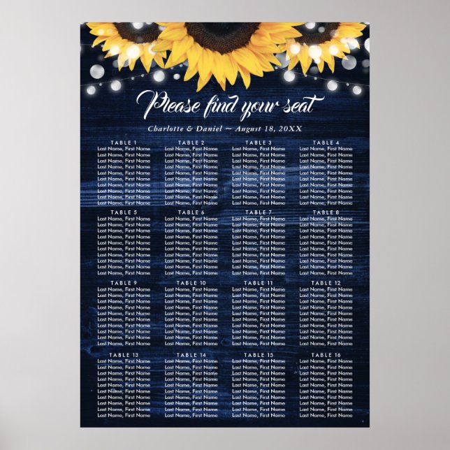 Navy Blue Sunflower Wedding Seating Chart 16 (Front)