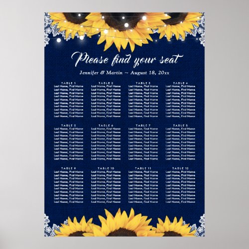 Navy Blue Sunflower Wedding Seating Plan 12 Poster