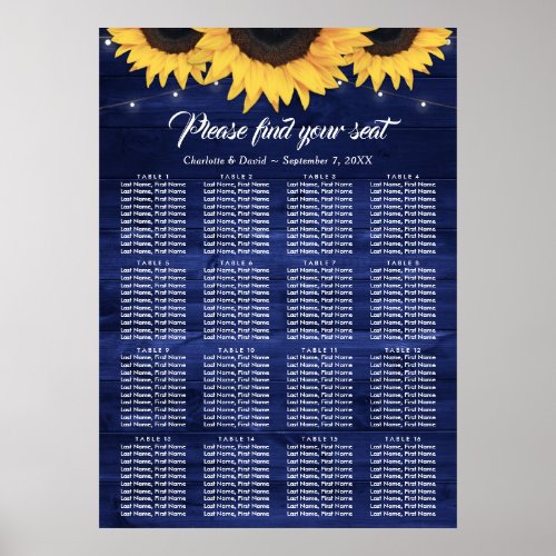 Navy Blue Sunflower Wedding Table Plan 16 Poster